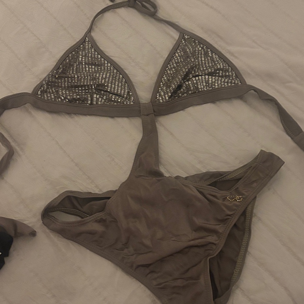 Guess Metallic Silver and Taupe One Piece Swimsuit
